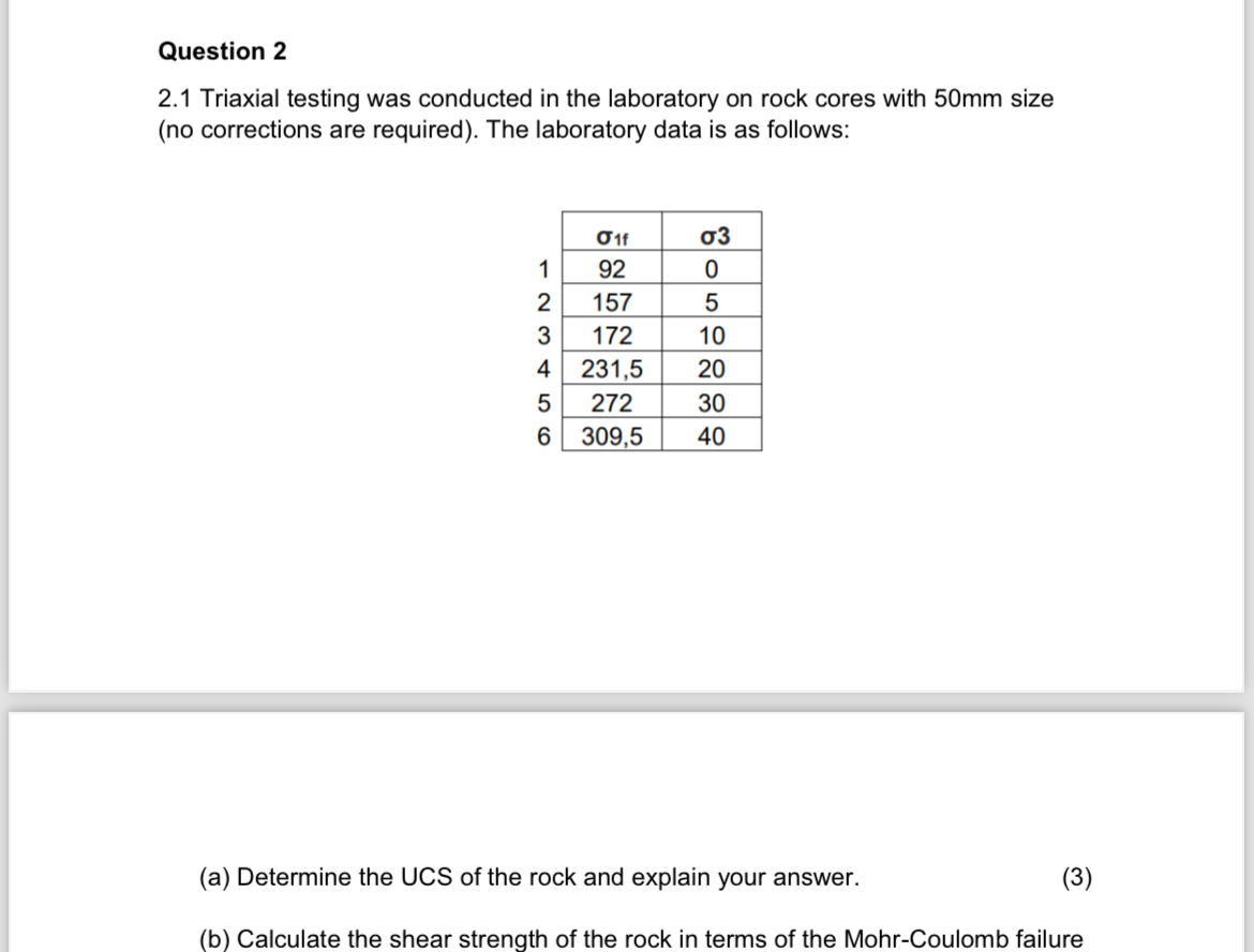Question 2 2 . 1 Triaxial testing was conducted