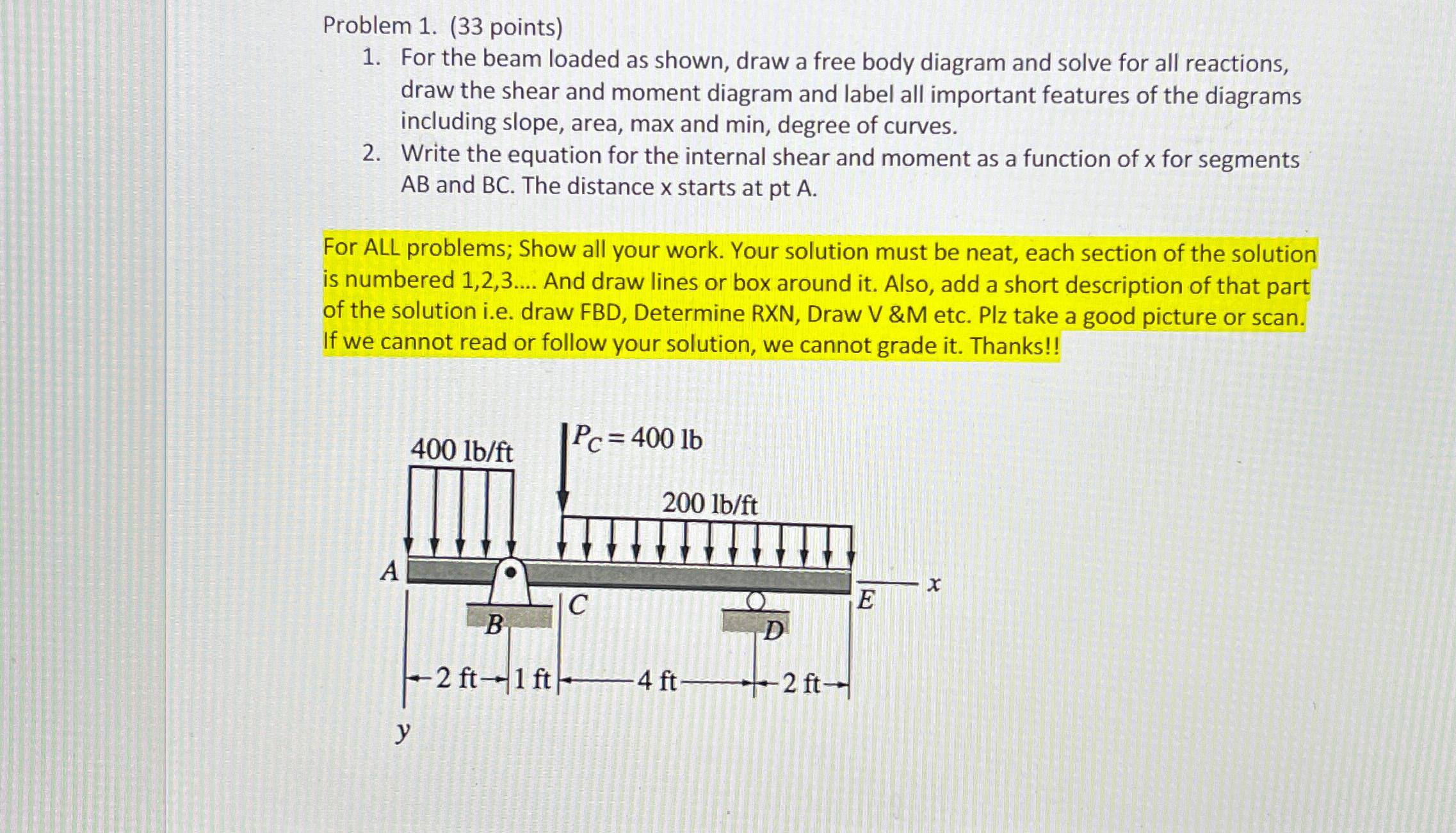 Problem 1 . ( 3 3 points ) For the beam loaded as