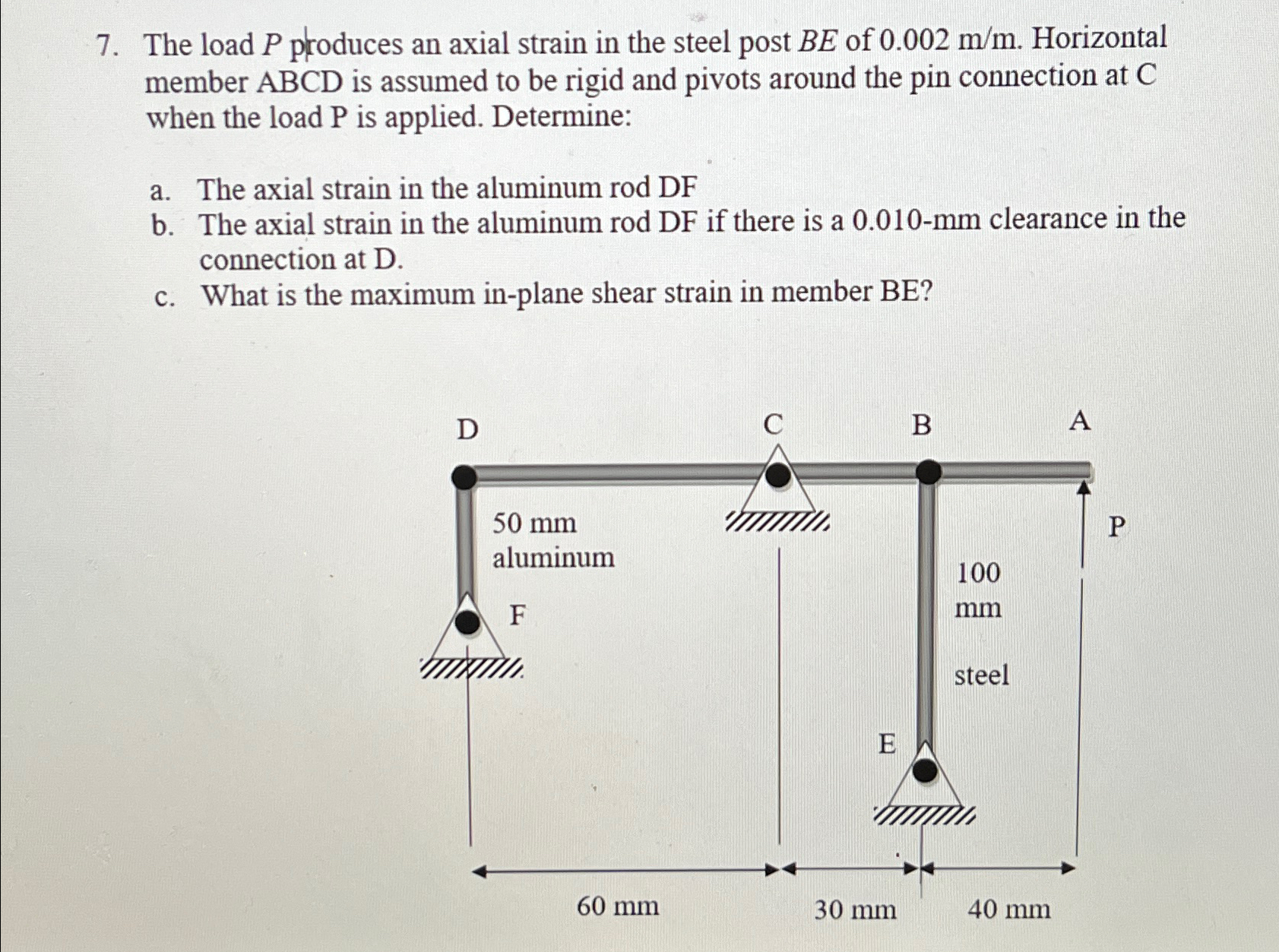 The load P produces an axial strain in the steel