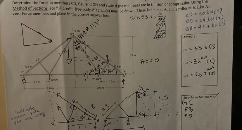 Determine the force in members CD , GD , and GH