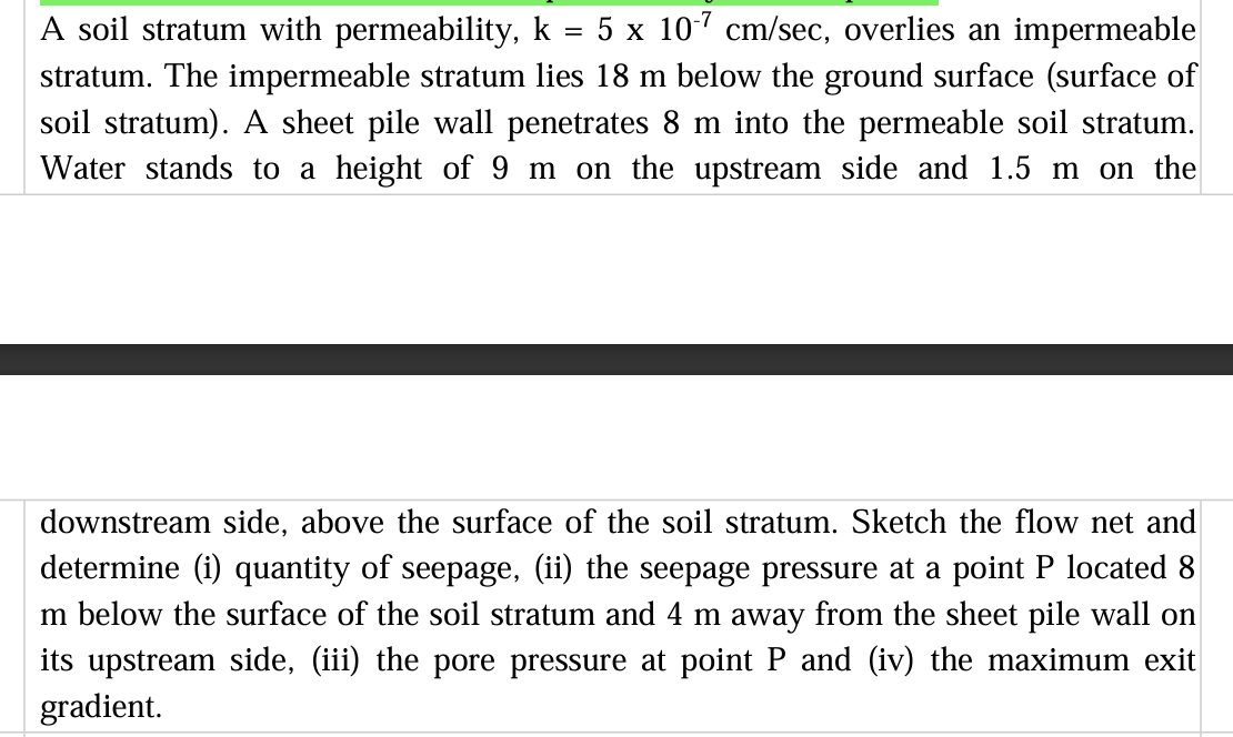 A soil stratum with permeability, k = 5 1 0 - 7 c