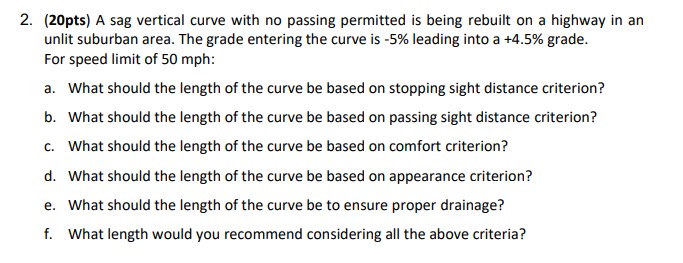 2 . ( 2 0 pts ) A sag vertical curve with no