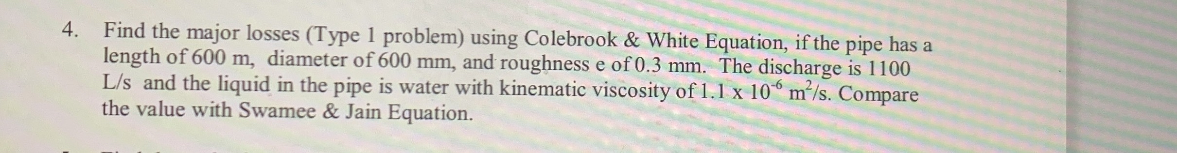 Find the major losses ( Type 1 problem ) using