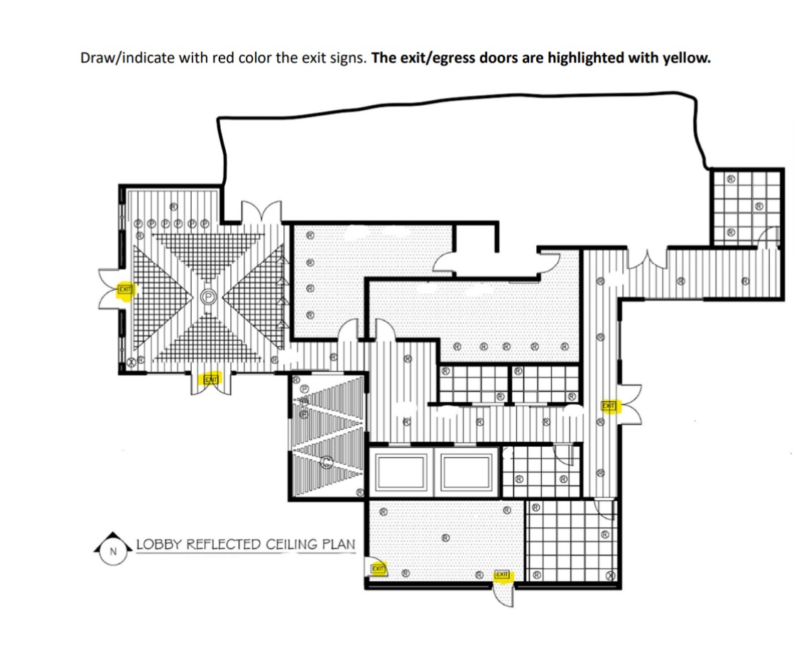 Draw / indicate with red color the exit signs.