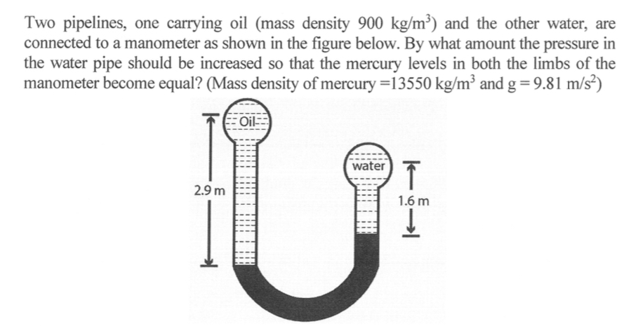 Two pipelines, one carrying oil ( mass density 9