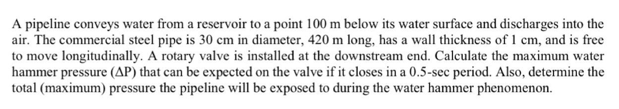 A pipeline conveys water from a reservoir to a