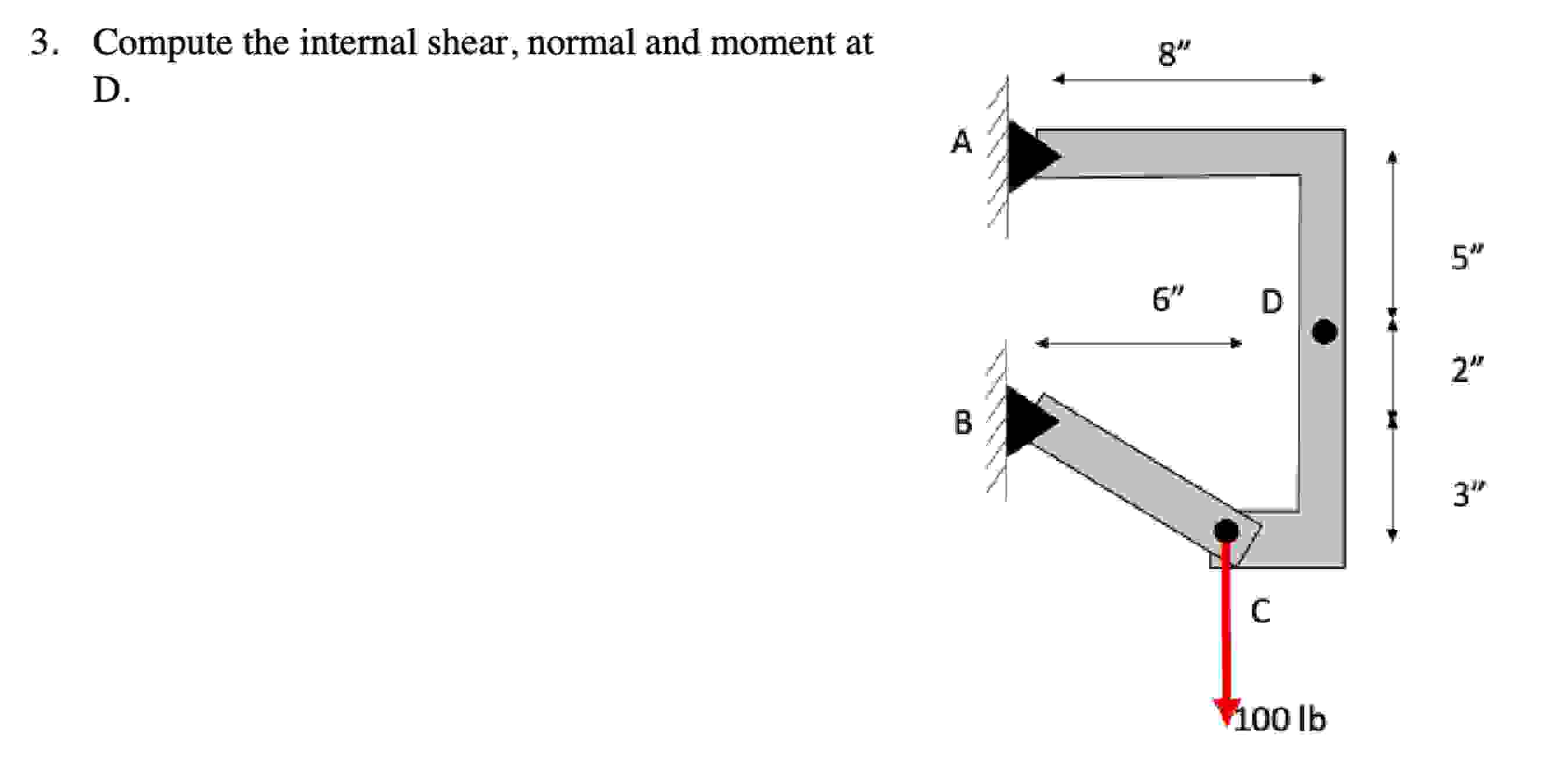 Compute the internal shear, normal and moment at