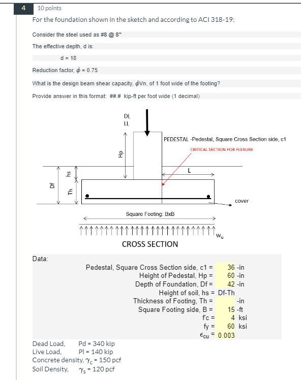 For the foundation shown in the sketch and