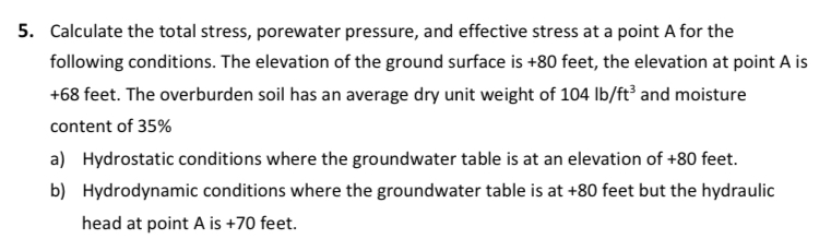 Calculate the total stress, porewater pressure,