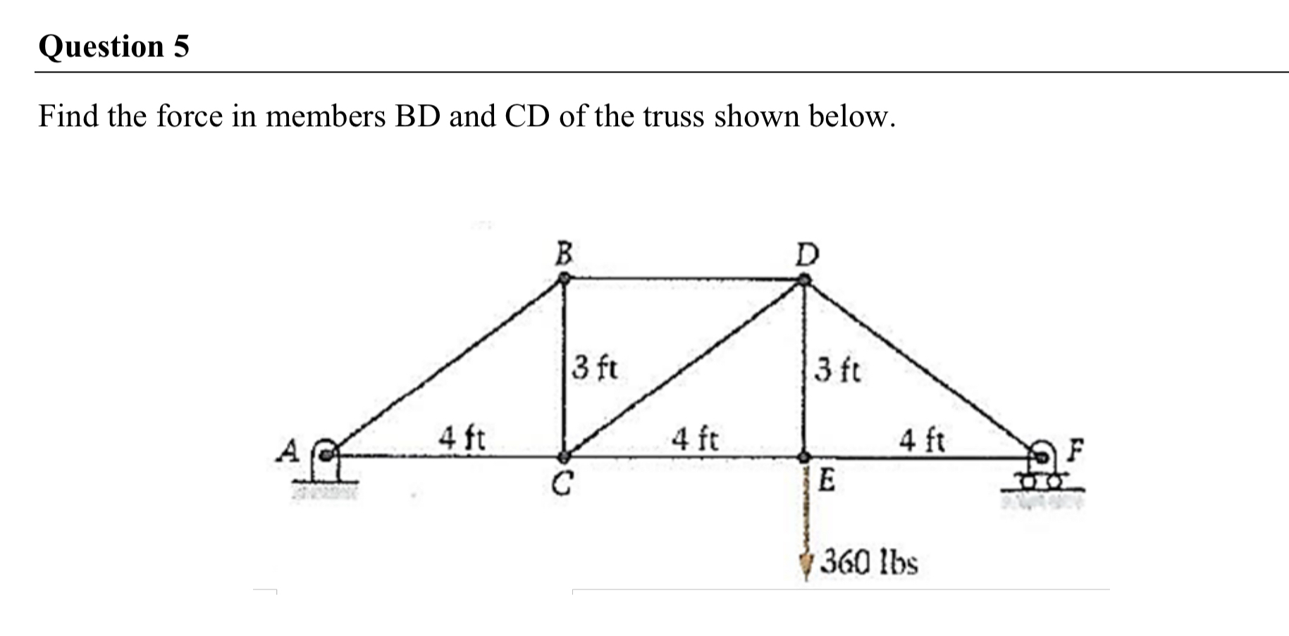 Question 5 Find the force in members BD and CD of