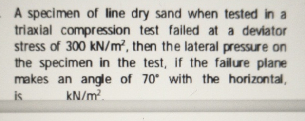 A specimen of line dry sand when tested in a