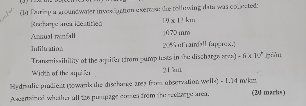 ( b ) During a groundwater investigation exercise