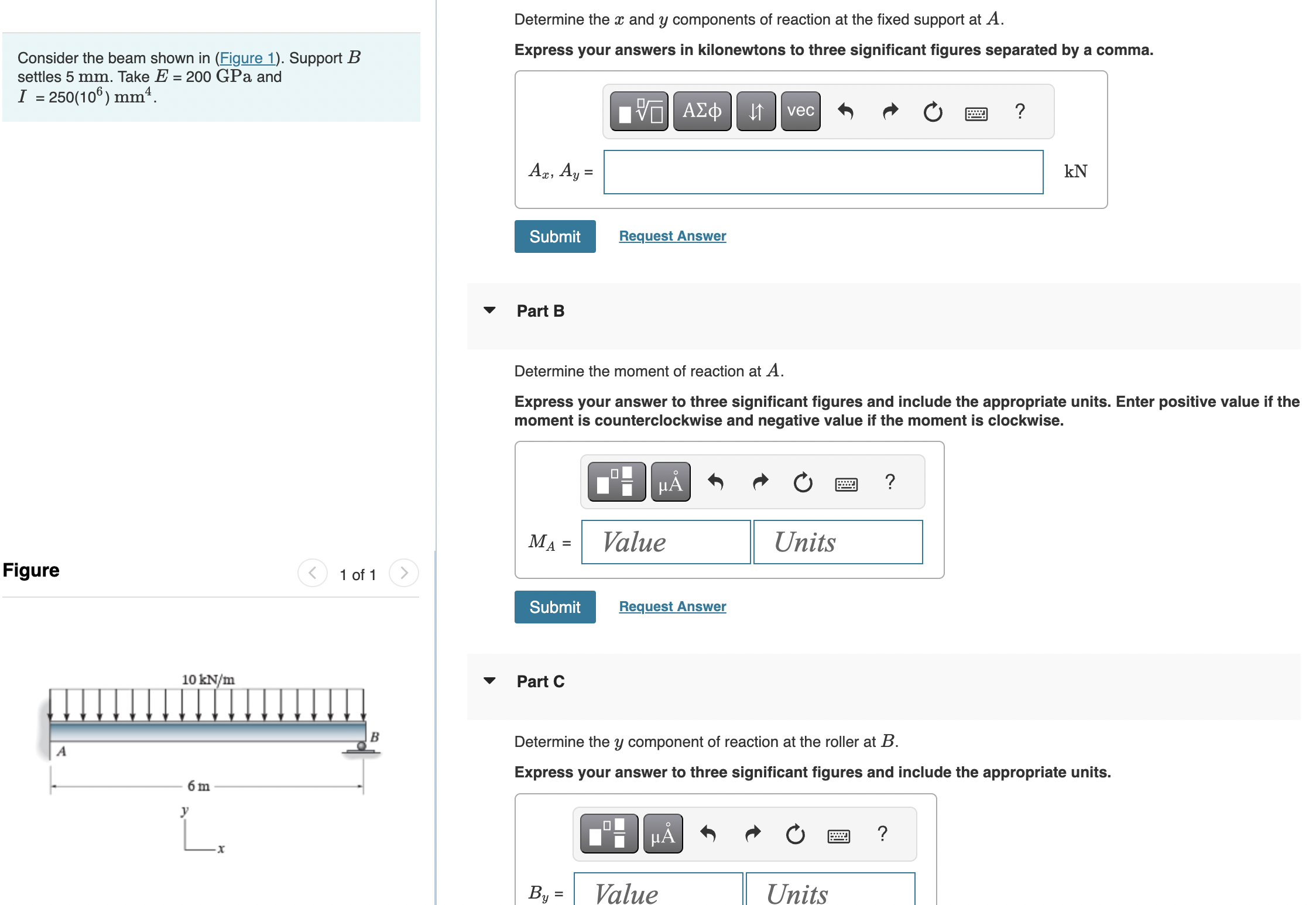 Determine the x and y components of reaction at