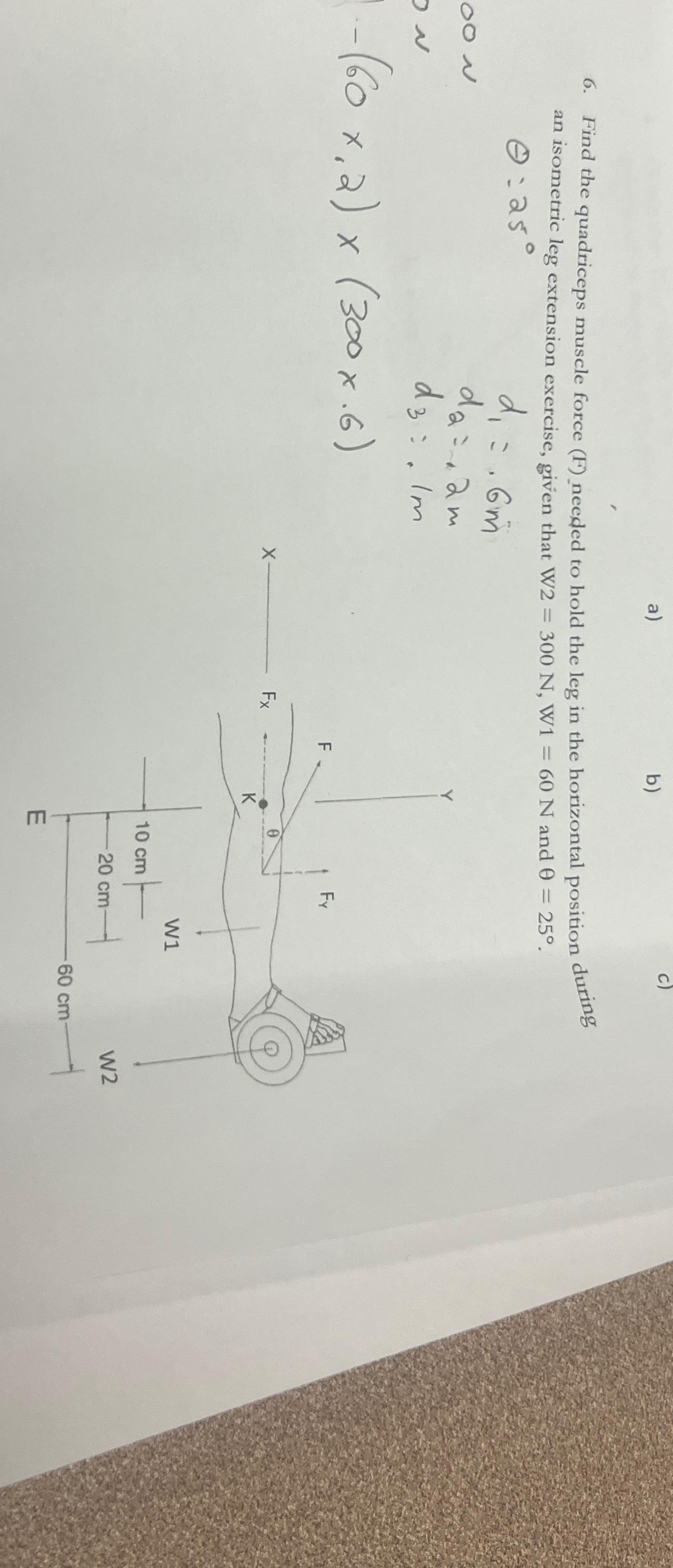 a)\ b)\ c)\ 6. Find the quadriceps muscle force