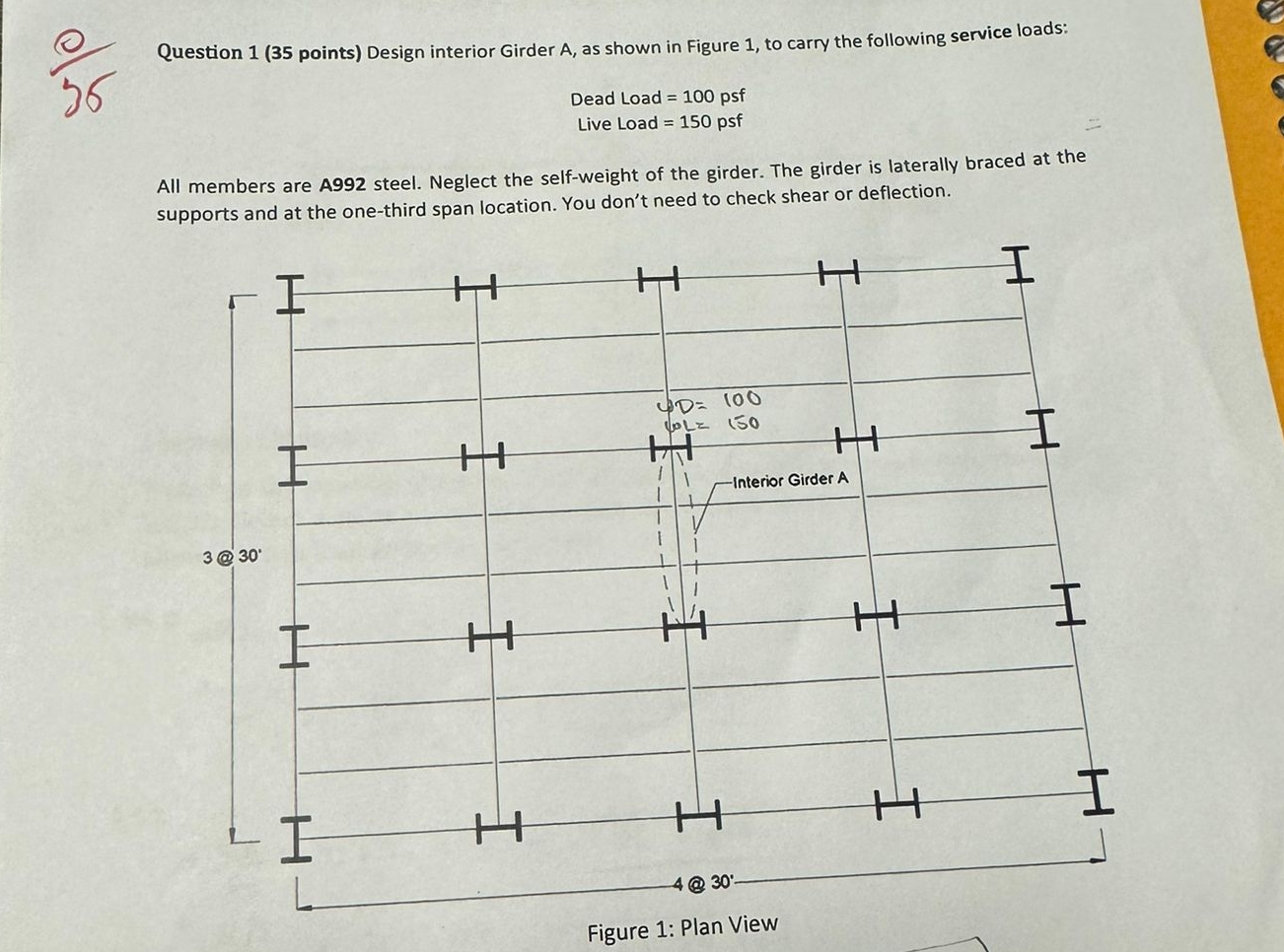 Question 1 ( 3 5 points ) Design interior Girder