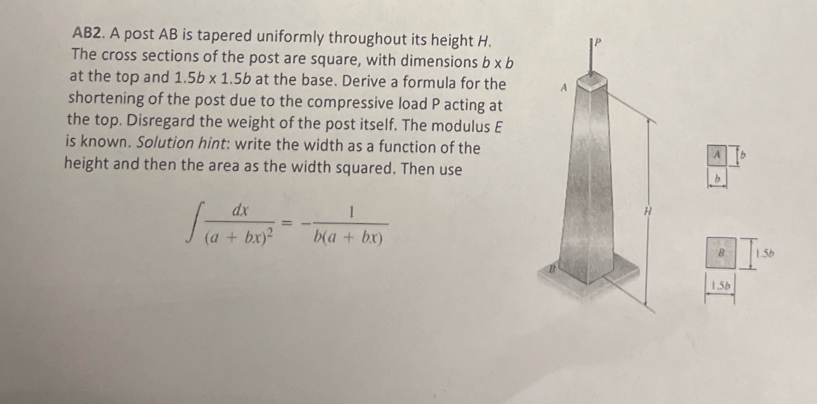 AB 2 . A post A B is tapered uniformly throughout