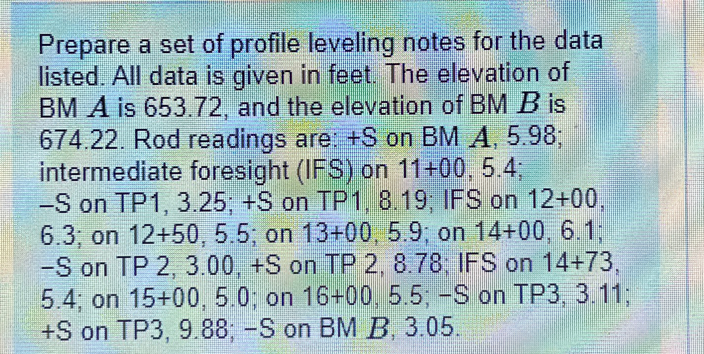 Prepare a set of profile leveling notes for the