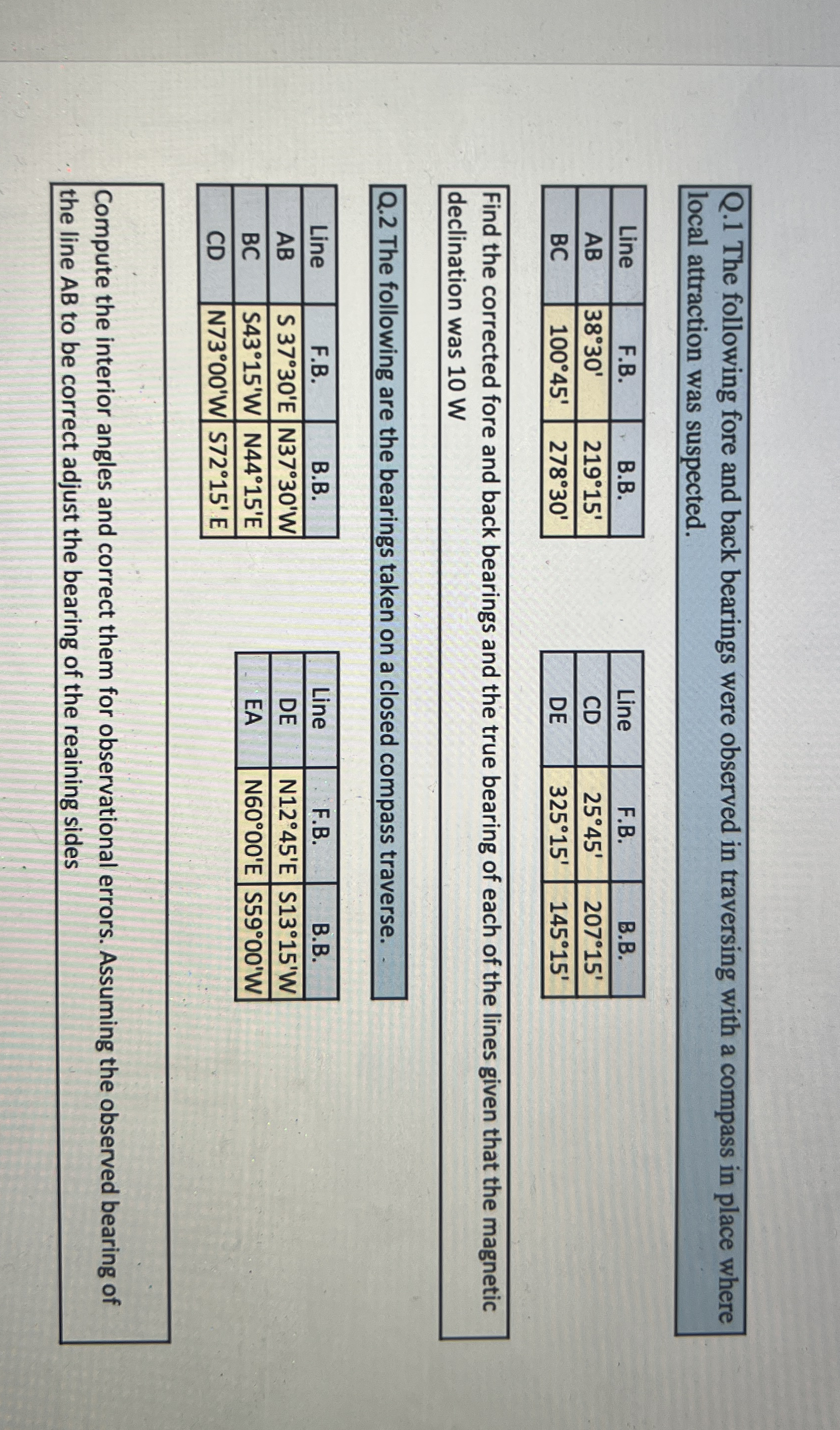 Q . 1 The following fore and back bearings were