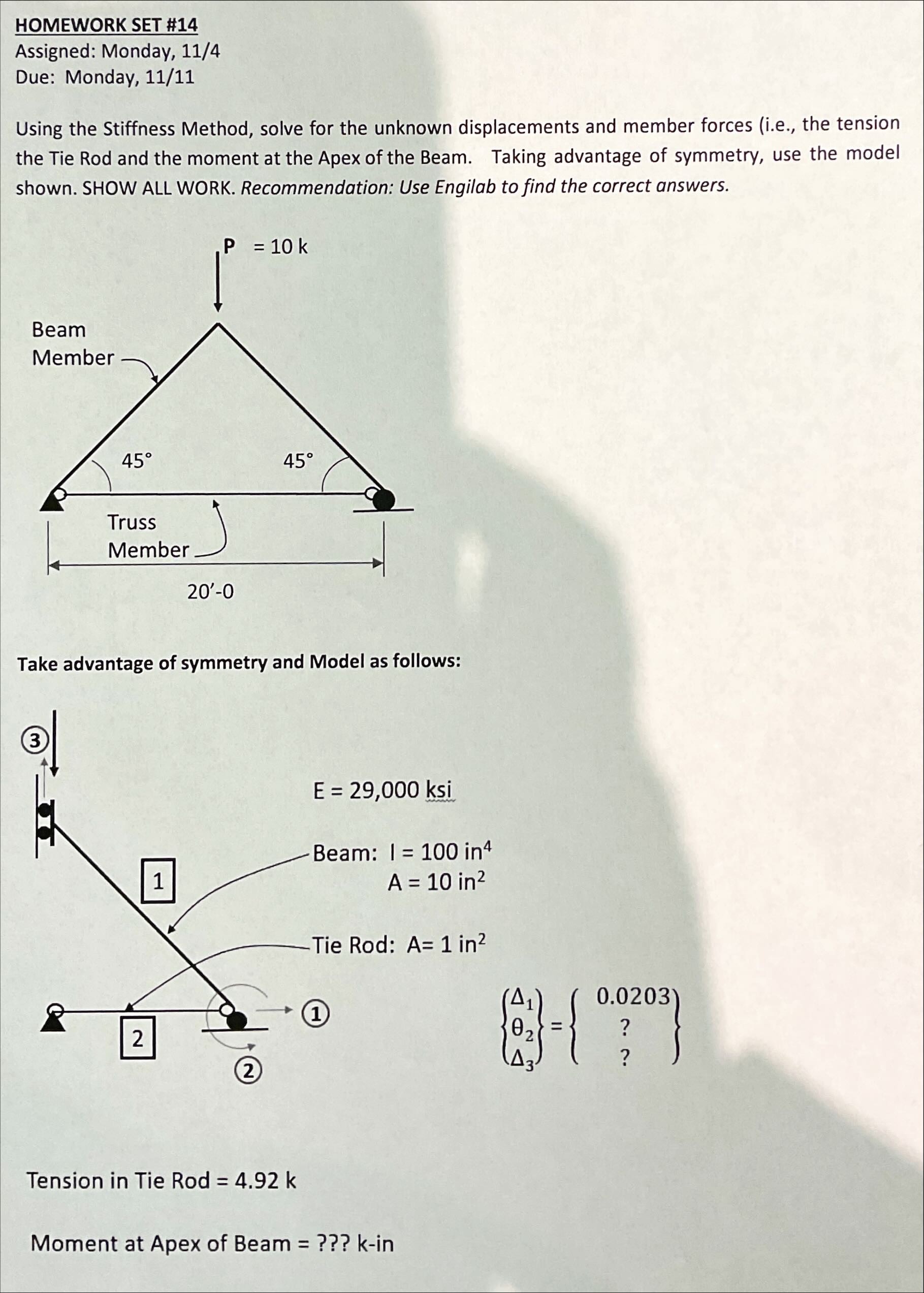 Using the Stiffness Method, solve for the unknown