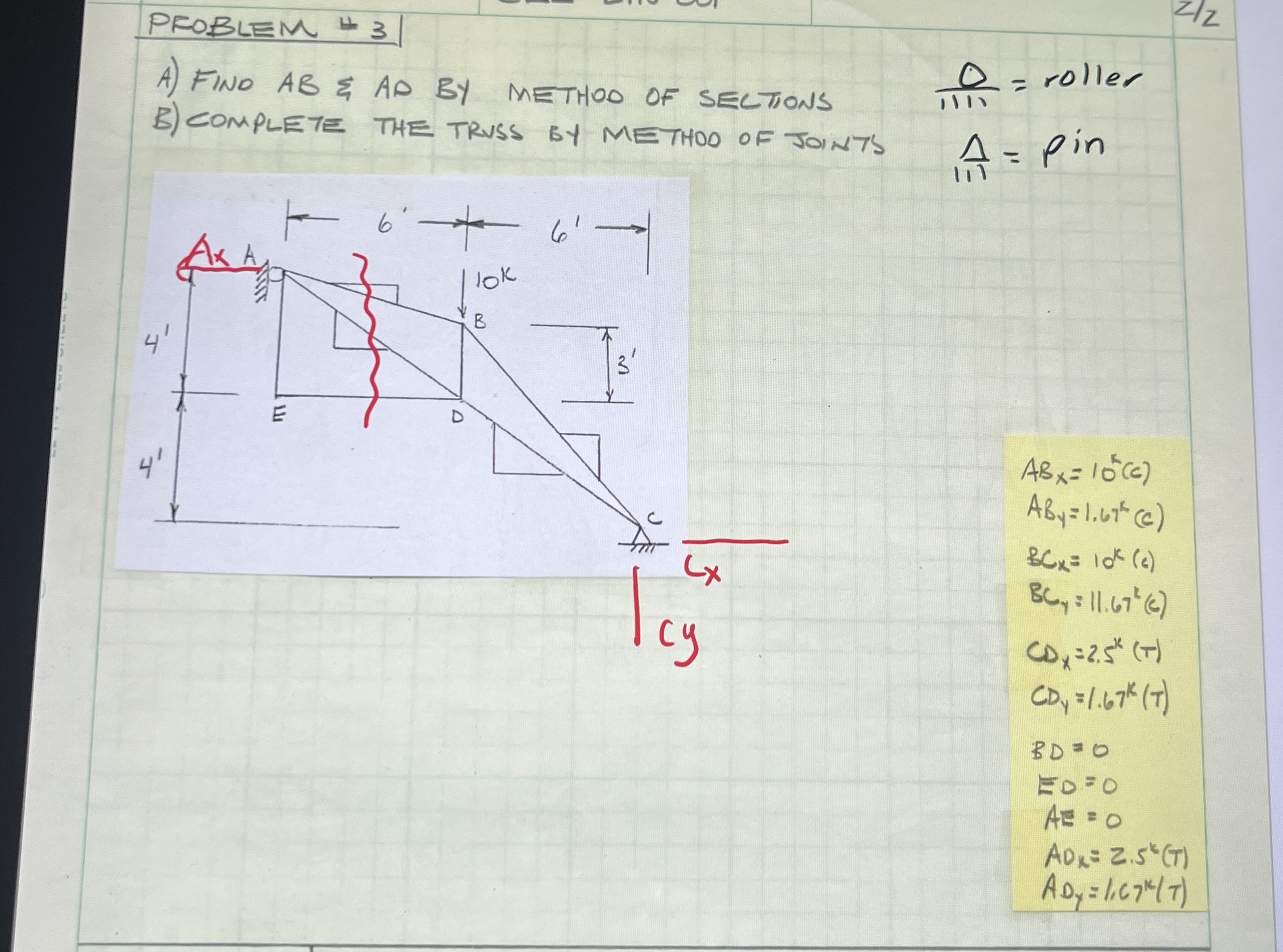 PROBLEM 3 A ) FIND AB & AD BY METHOO OF SECTIONS