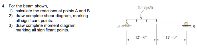 For the beam shown, 1 ) calculate the reactions