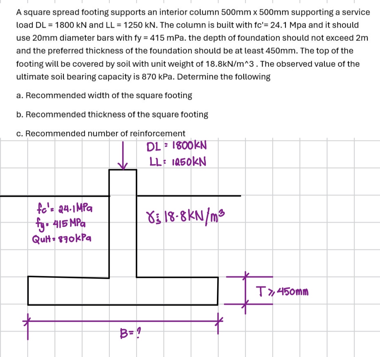 A square spread footing supports an interior