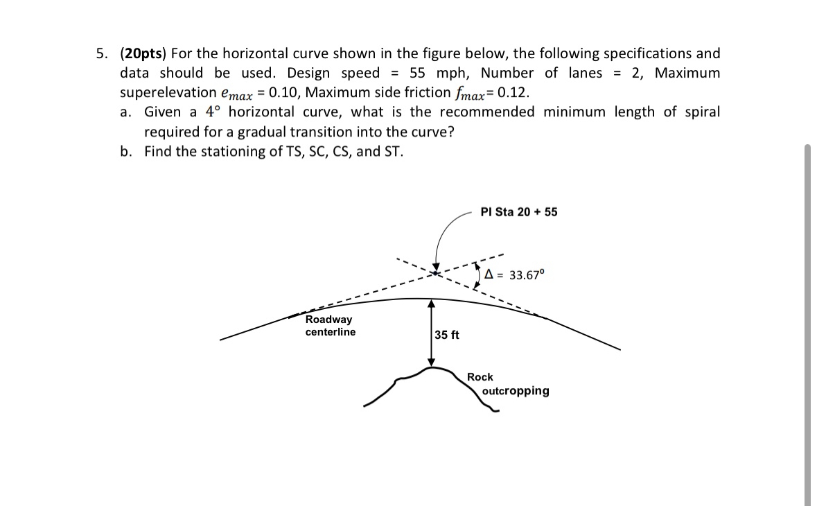 ( 2 0 pts ) For the horizontal curve shown in the