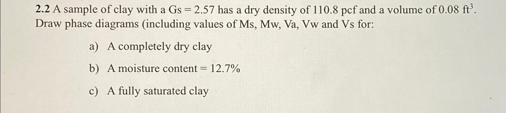 2.2 A sample of clay with a Gs =2.57 has a dry