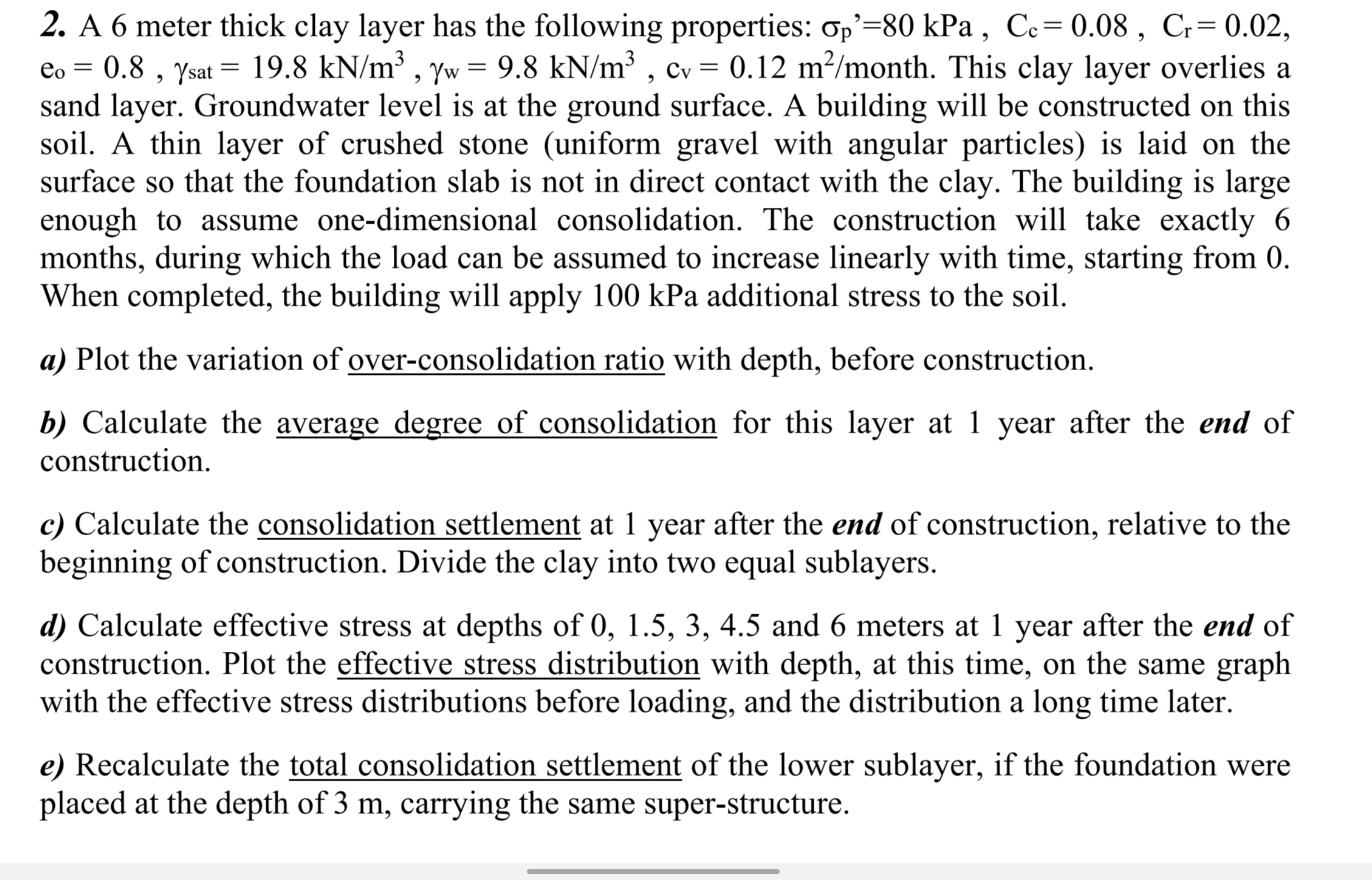 A 6 meter thick clay layer has the following