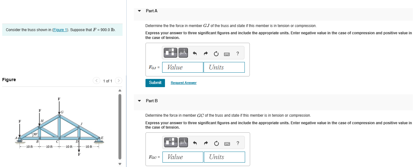 Part A Determine the the force in member G J of