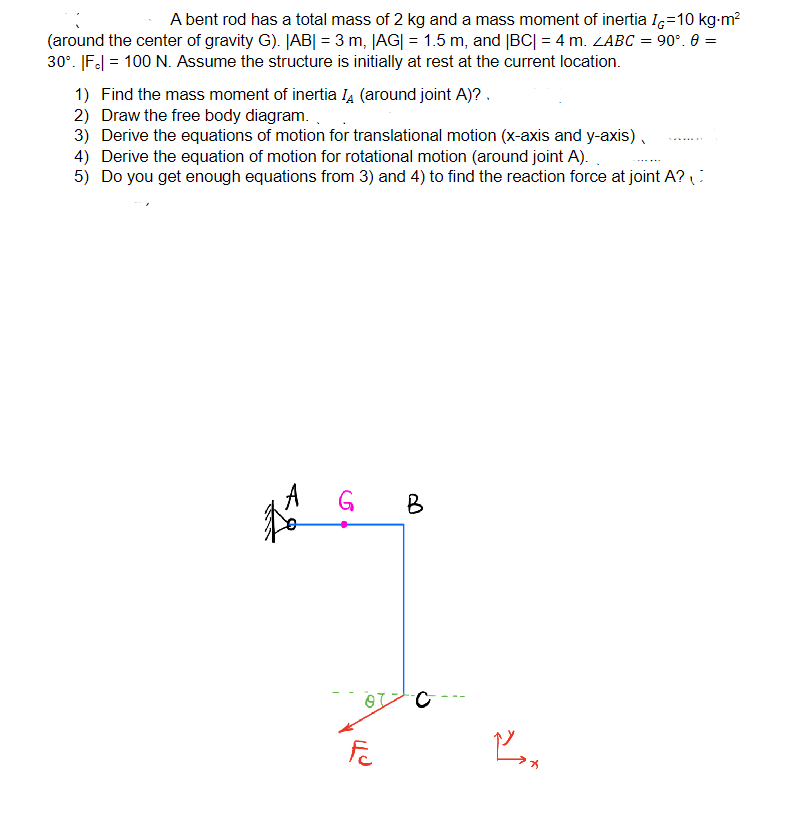 A bent rod has a total mass of 2 k g and a mass
