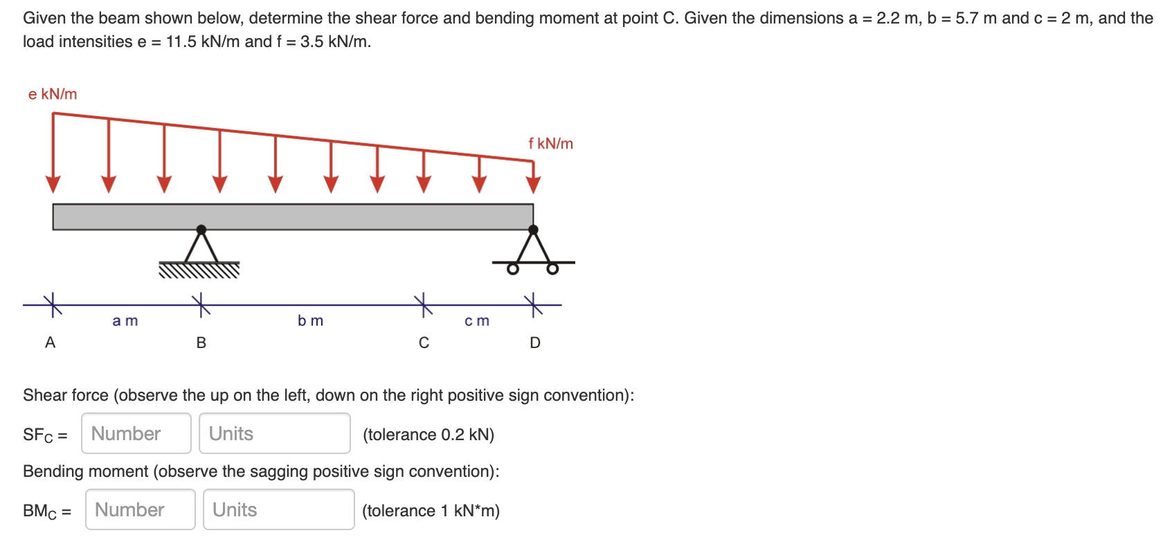 Given the beam shown below, determine the shear