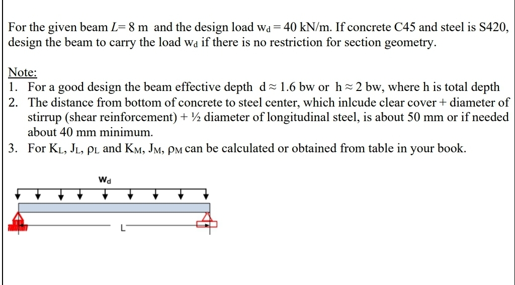 For the given beam L = 8 m and the design load w