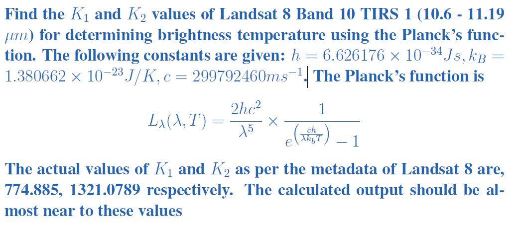 Find the K 1 and K 2 values of Landsat 8 Band 1 0