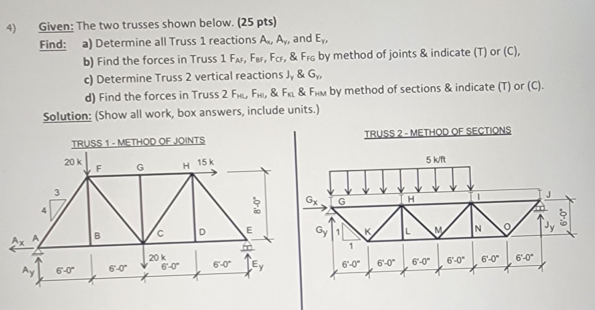 Given: The two trusses shown below. ( 2 5 pts )