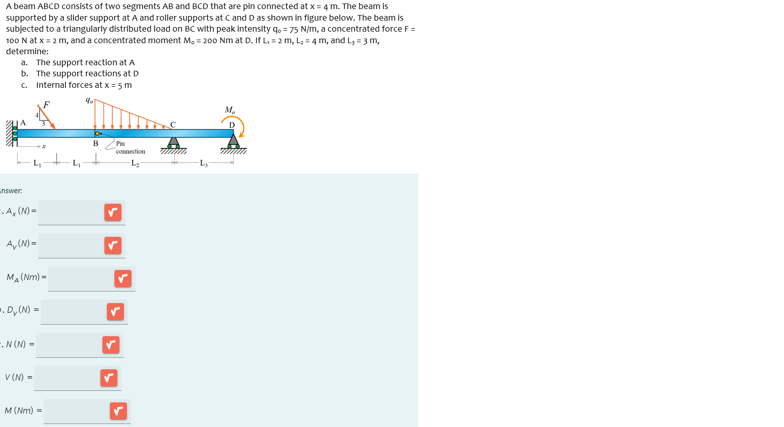 A beam ABCD consists of two segments A B and B C
