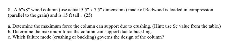 A 6 " x 8 " wood column ( use actual 5 . 5 " 7 .