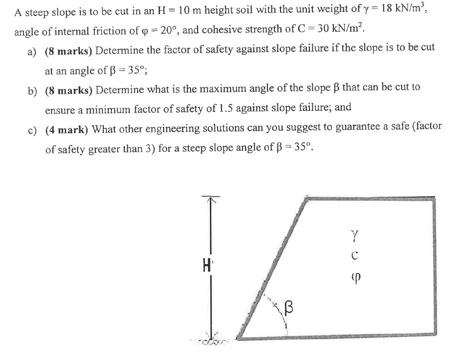 A steep slope is to be cut in an H = 1 0 m height