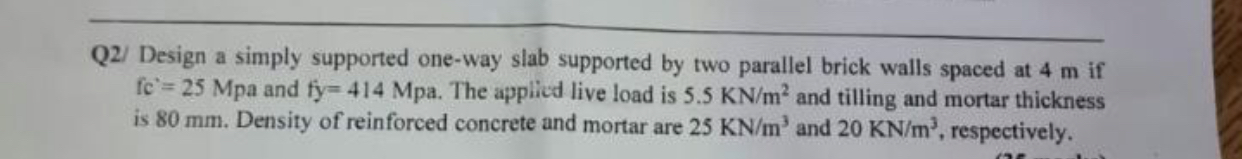 Q 2 / Design a simply supported one - way slab