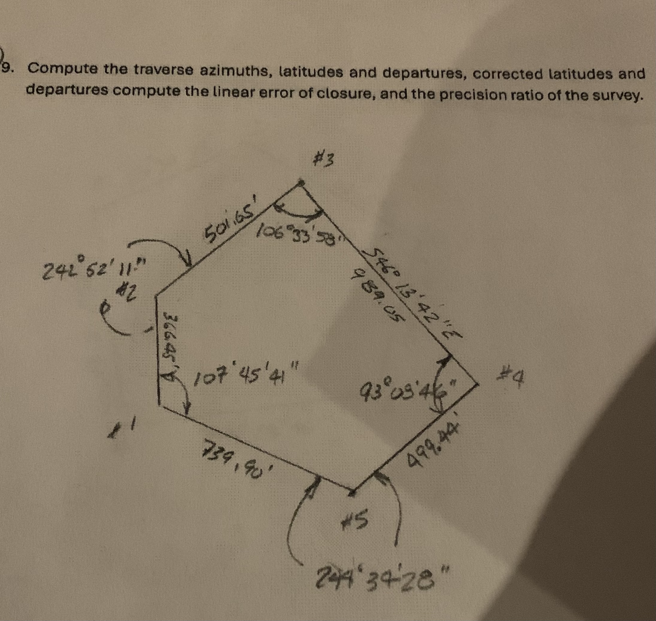 9 . Compute the traverse azimuths, latitudes and
