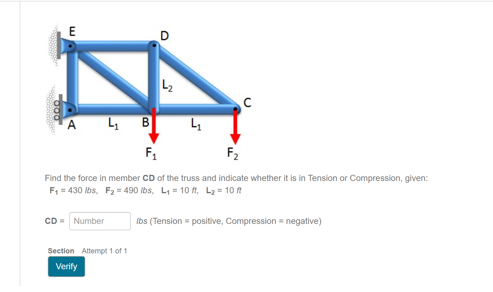 Find the force in member CD of the truss and