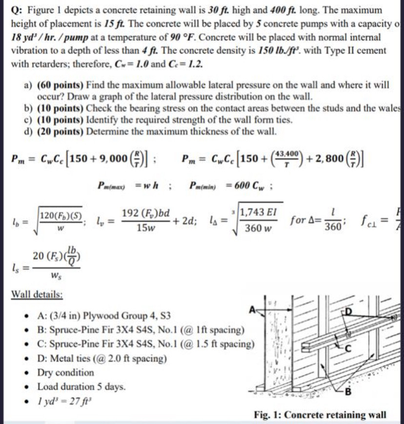 Q: Figure 1 depicts a concrete retaining wall is