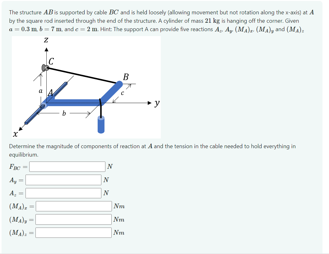 The structure A B is supported by cable B C and