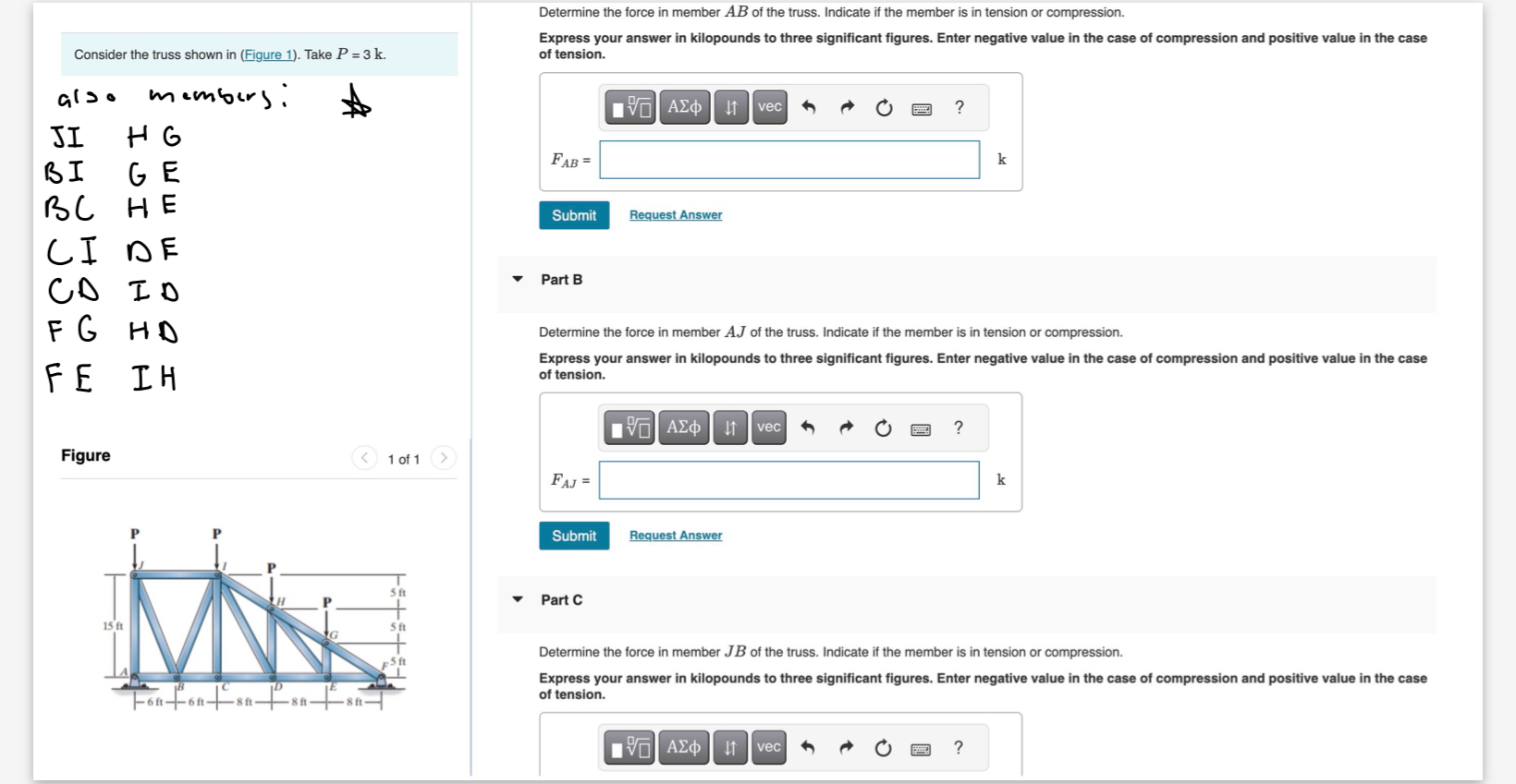 Determine the force in member A B of the truss.