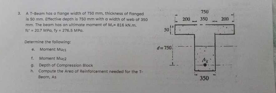 A T - Beam has a flange width of 7 5 0 m m ,