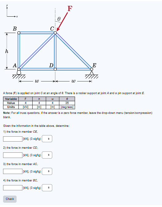 A force ( F ) is applied on joint C at an angle