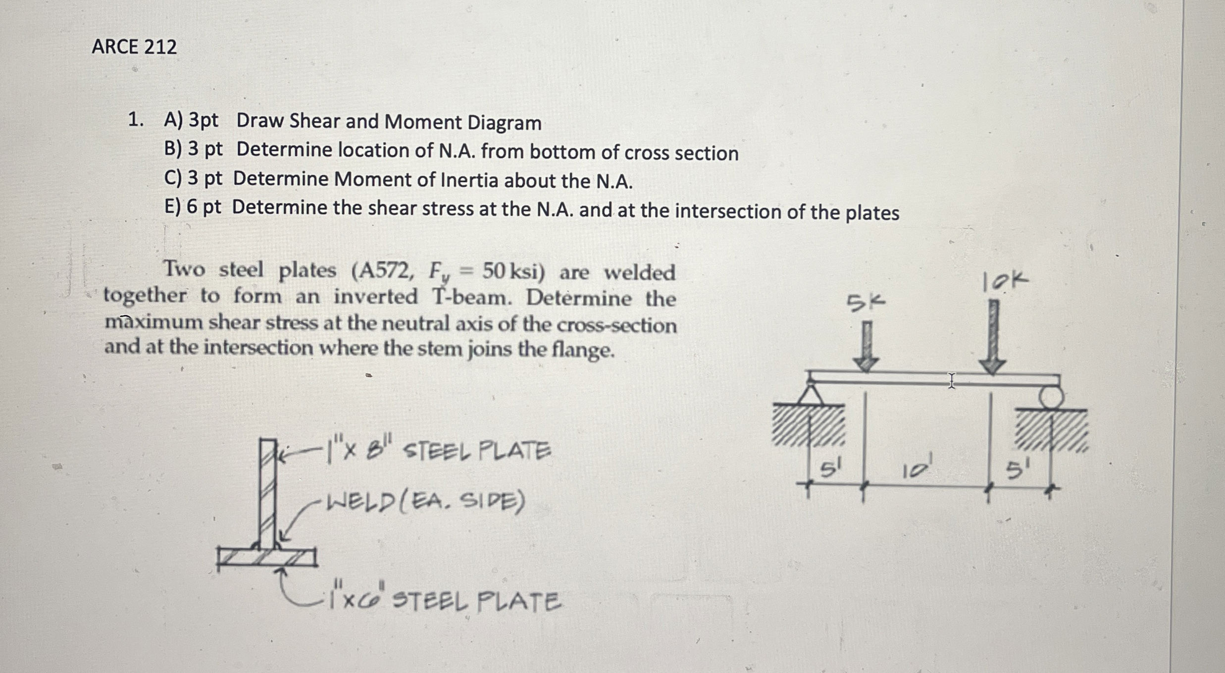ARCE 2 1 2 A ) 3 pt Draw Shear and Moment Diagram