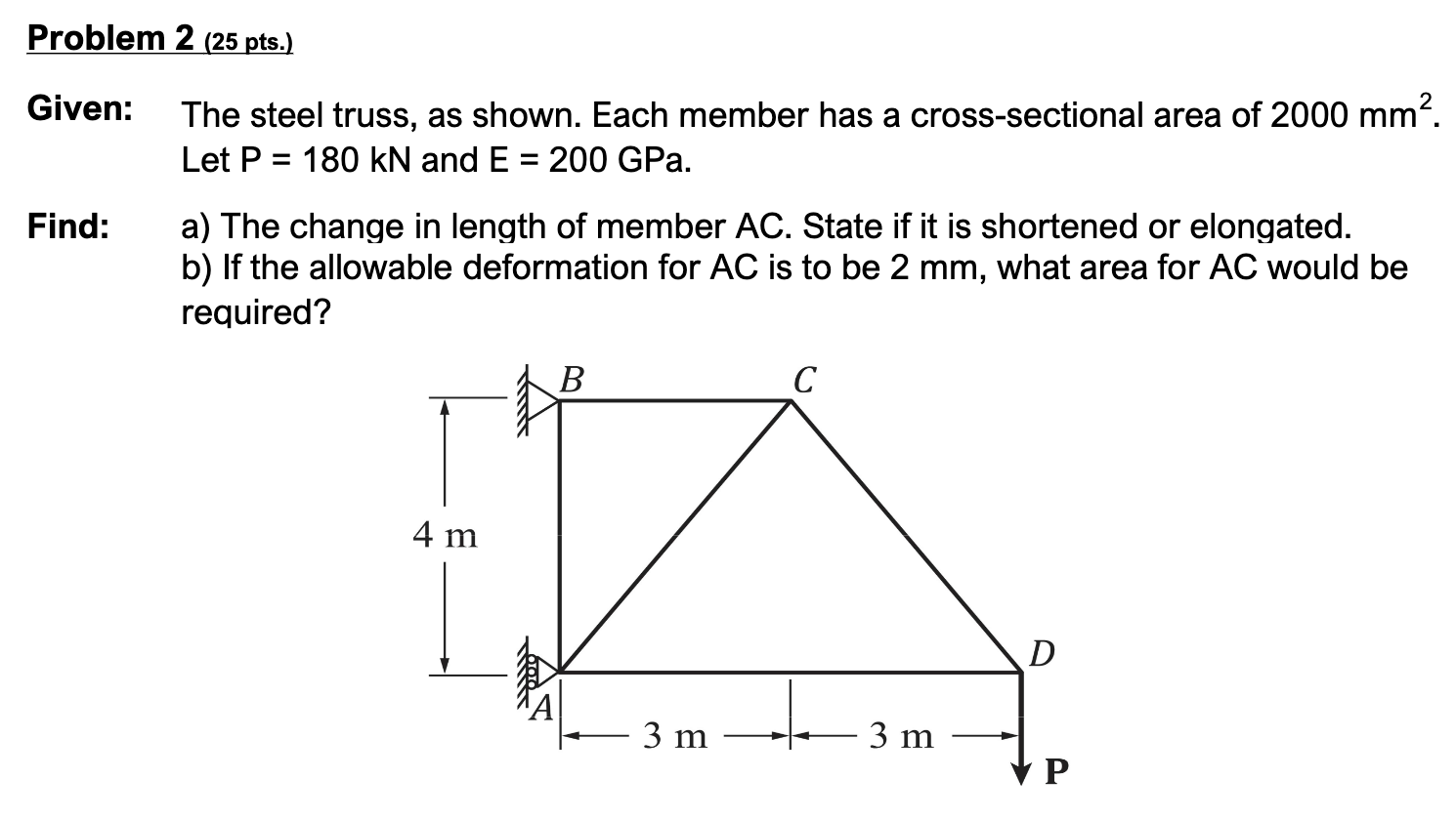 Given: The steel truss, as shown. Each member has