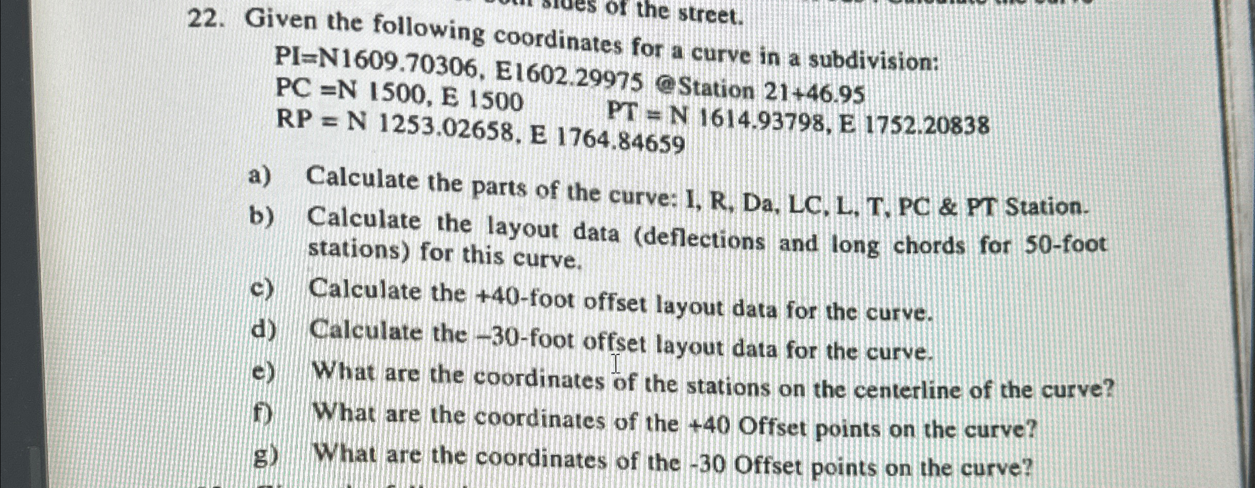 Given the following coordinates for a curve in a