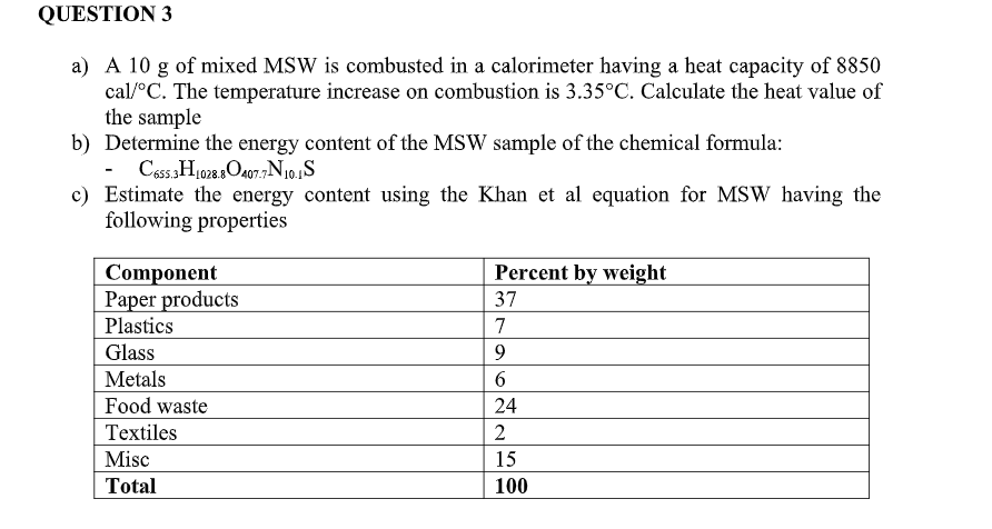 QUESTION 3 a ) A 1 0 g of mixed MSW is combusted